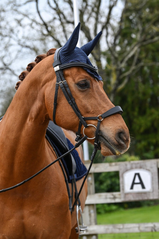 Classic Navy Blue Velvet Fly Veil, from The Urbany. Elevate your horse's style with sparkling crystals and comfort.