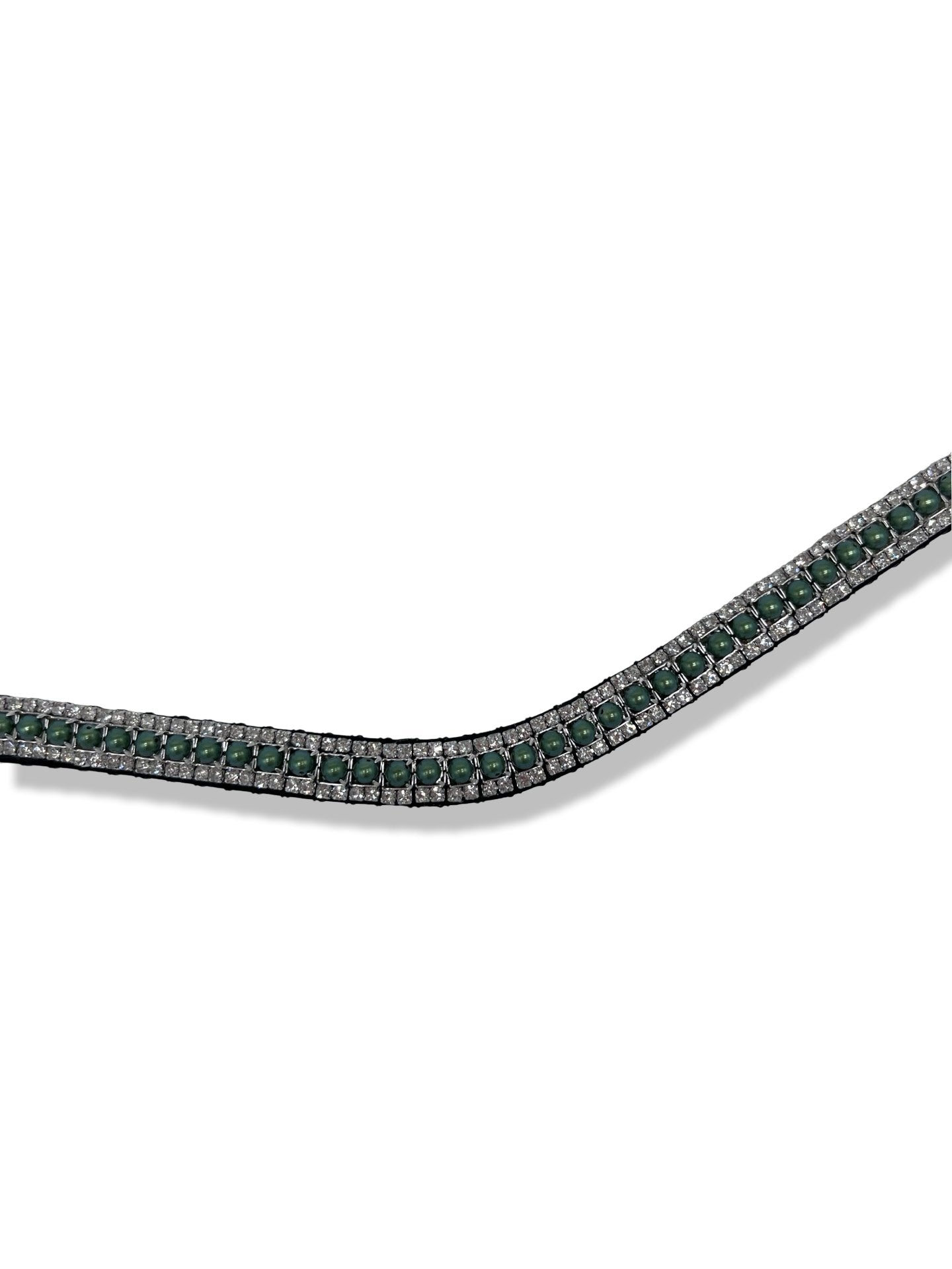 Shimmery Emerald Pearl 3 Row Browband, from The Urbany. Elevate your horse's style with sparkling crystals and comfort.