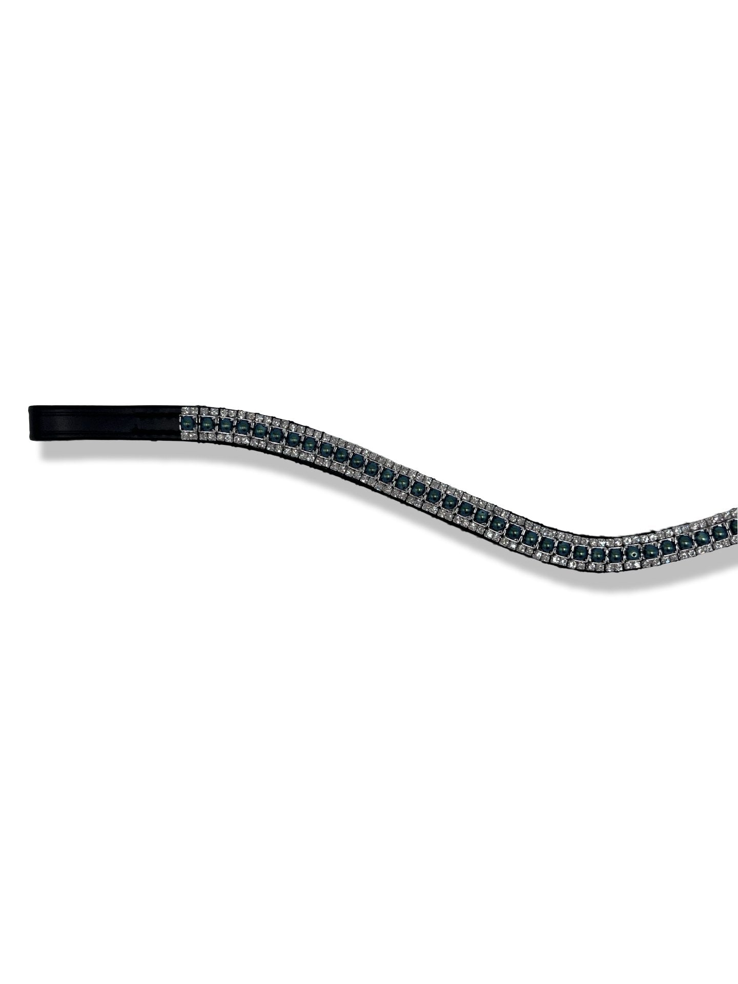 Shimmery Peacock Pearl 3 Row Browband, from The Urbany. Elevate your horse's style with sparkling crystals and comfort.