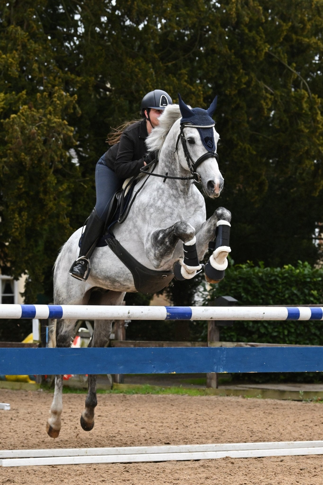 Long Navy Blue Velvet Long Fly Veil, from The Urbany. Elevate your horse's style with sparkling crystals and comfort.