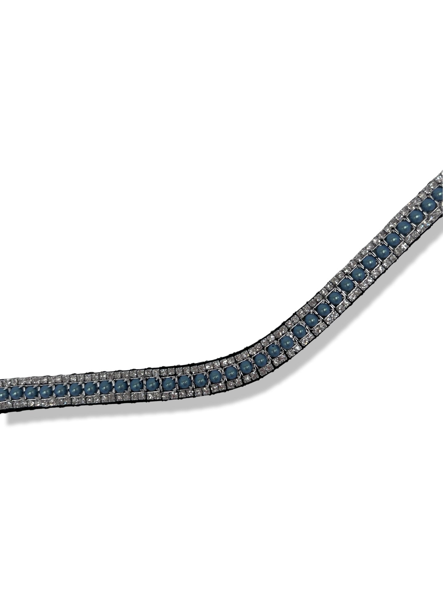 Shimmery Blue Pearl 3 Row Browband, from The Urbany. Elevate your horse's style with sparkling crystals and comfort.