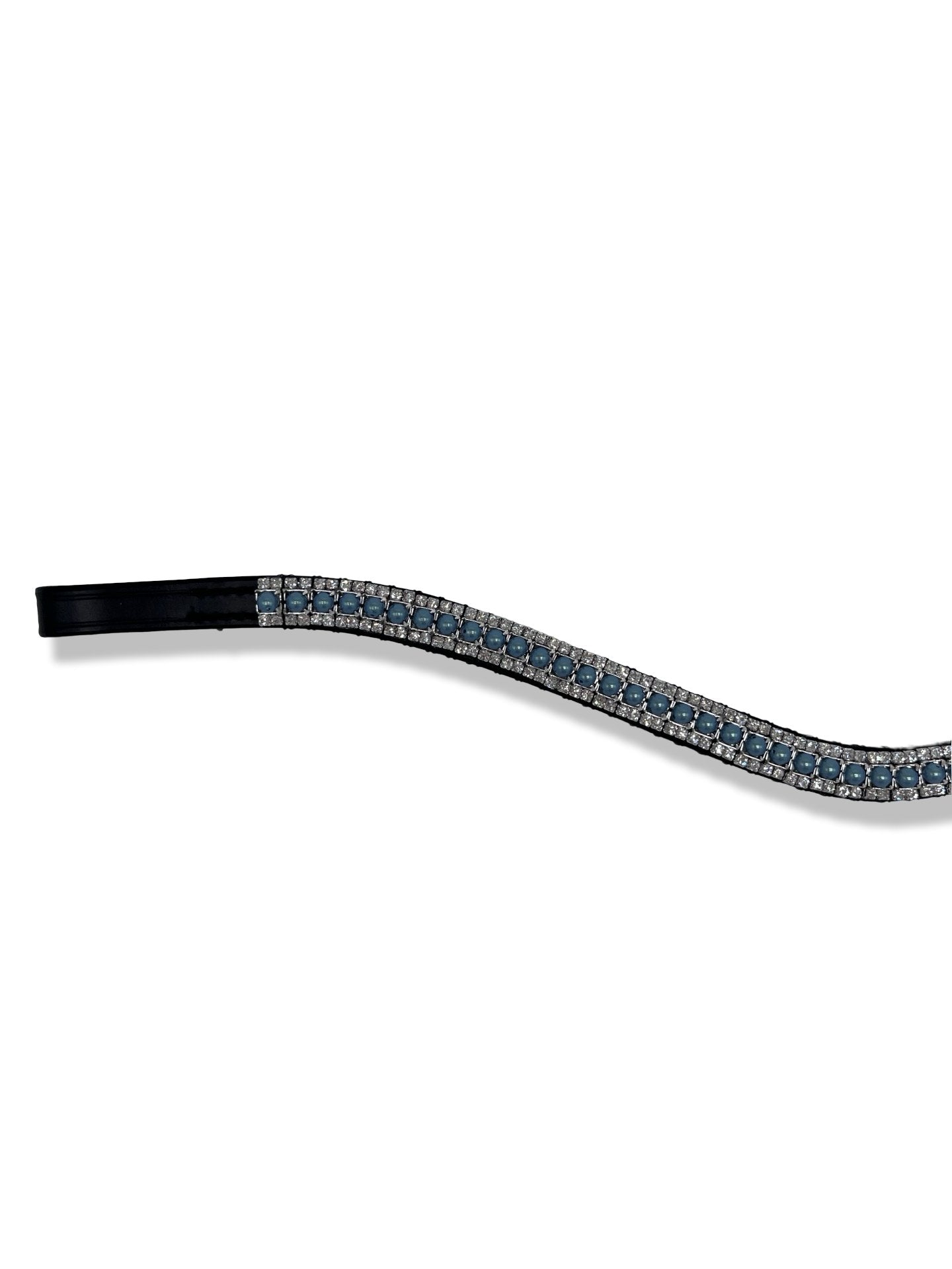 Shimmery Blue Pearl 3 Row Browband, from The Urbany. Elevate your horse's style with sparkling crystals and comfort.