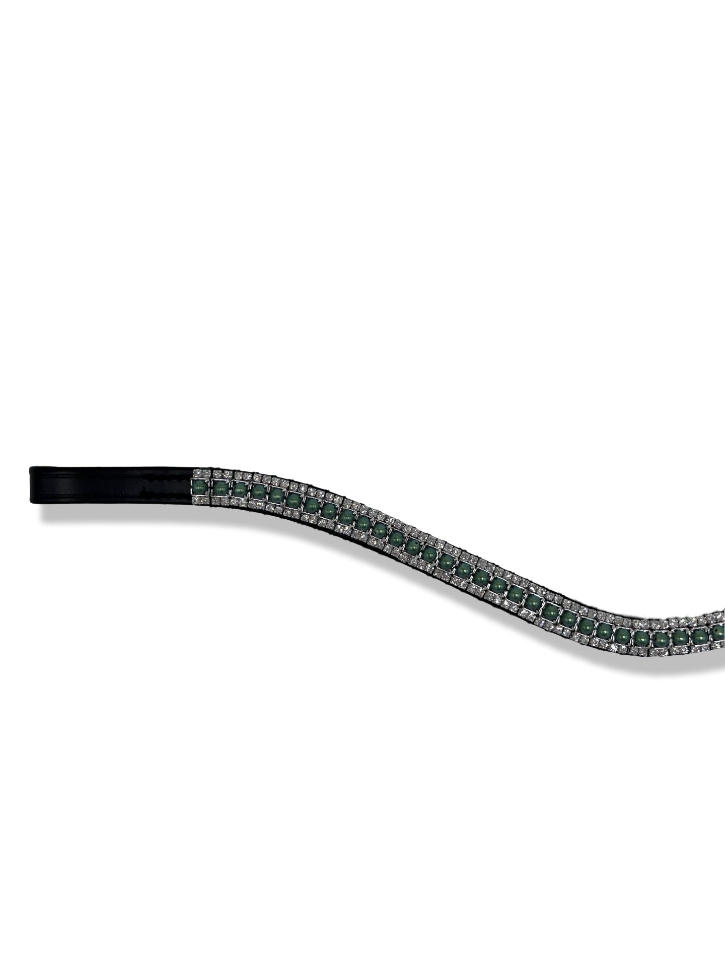 Shimmery Emerald Pearl 3 Row Browband, from The Urbany. Elevate your horse's style with sparkling crystals and comfort.