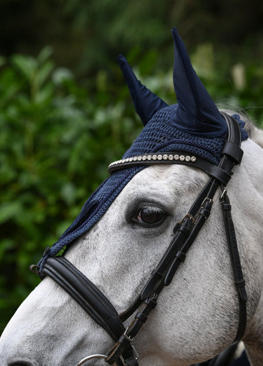 Long Navy Blue Velvet Long Fly Veil, from The Urbany. Elevate your horse's style with sparkling crystals and comfort.