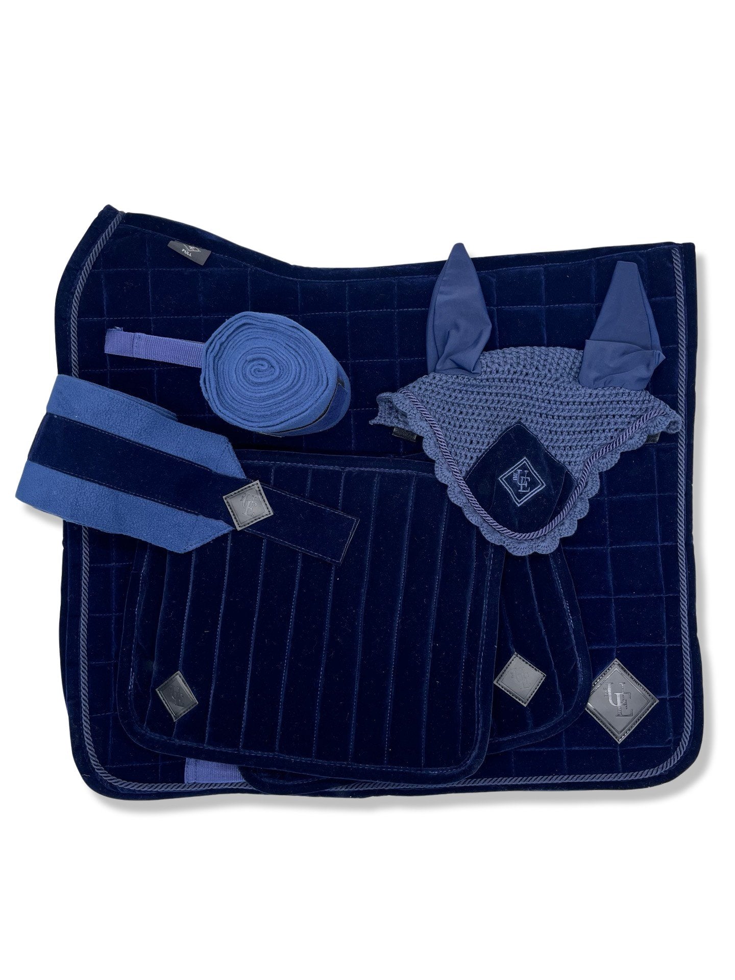 Navy Blue Velvet Dressage Saddle Pad, from The Urbany. Elevate your horse's style with sparkling crystals and comfort.