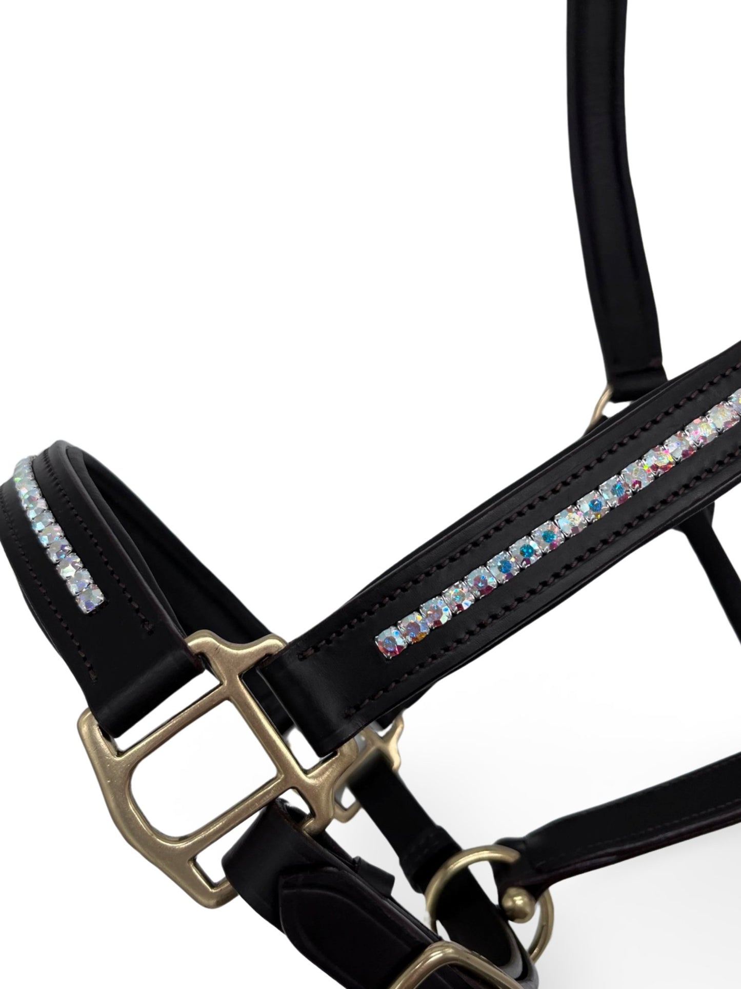 Rainbow Shine Leather Headcollar, from The Urbany. Elevate your horse's style with sparkling crystals and comfort.