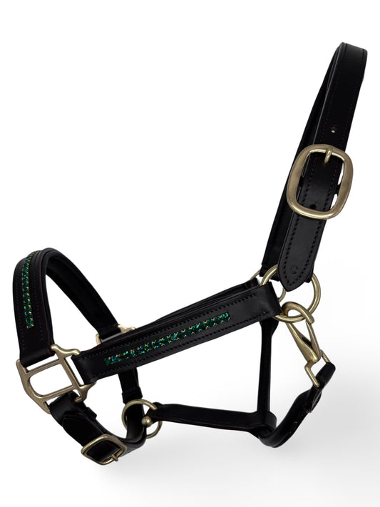 Emerald Leather Headcollar, from The Urbany. Elevate your horse's style with sparkling crystals and comfort.