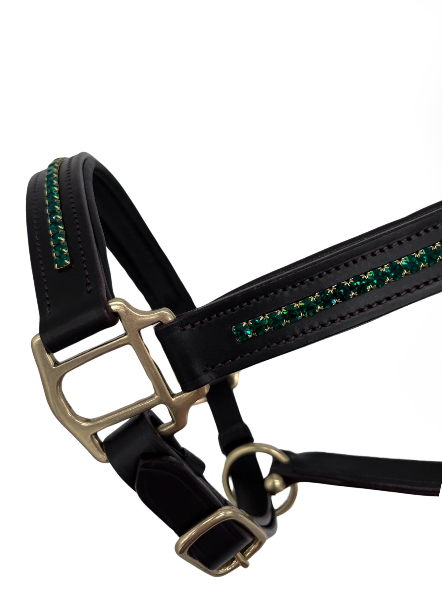 Emerald Leather Headcollar, from The Urbany. Elevate your horse's style with sparkling crystals and comfort.