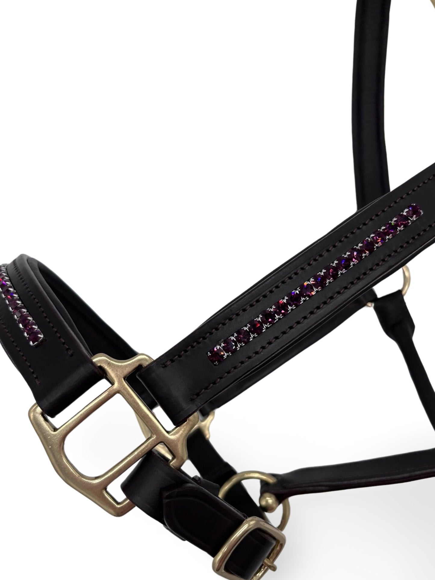 Plum Leather Headcollar, from The Urbany. Elevate your horse's style with sparkling crystals and comfort.