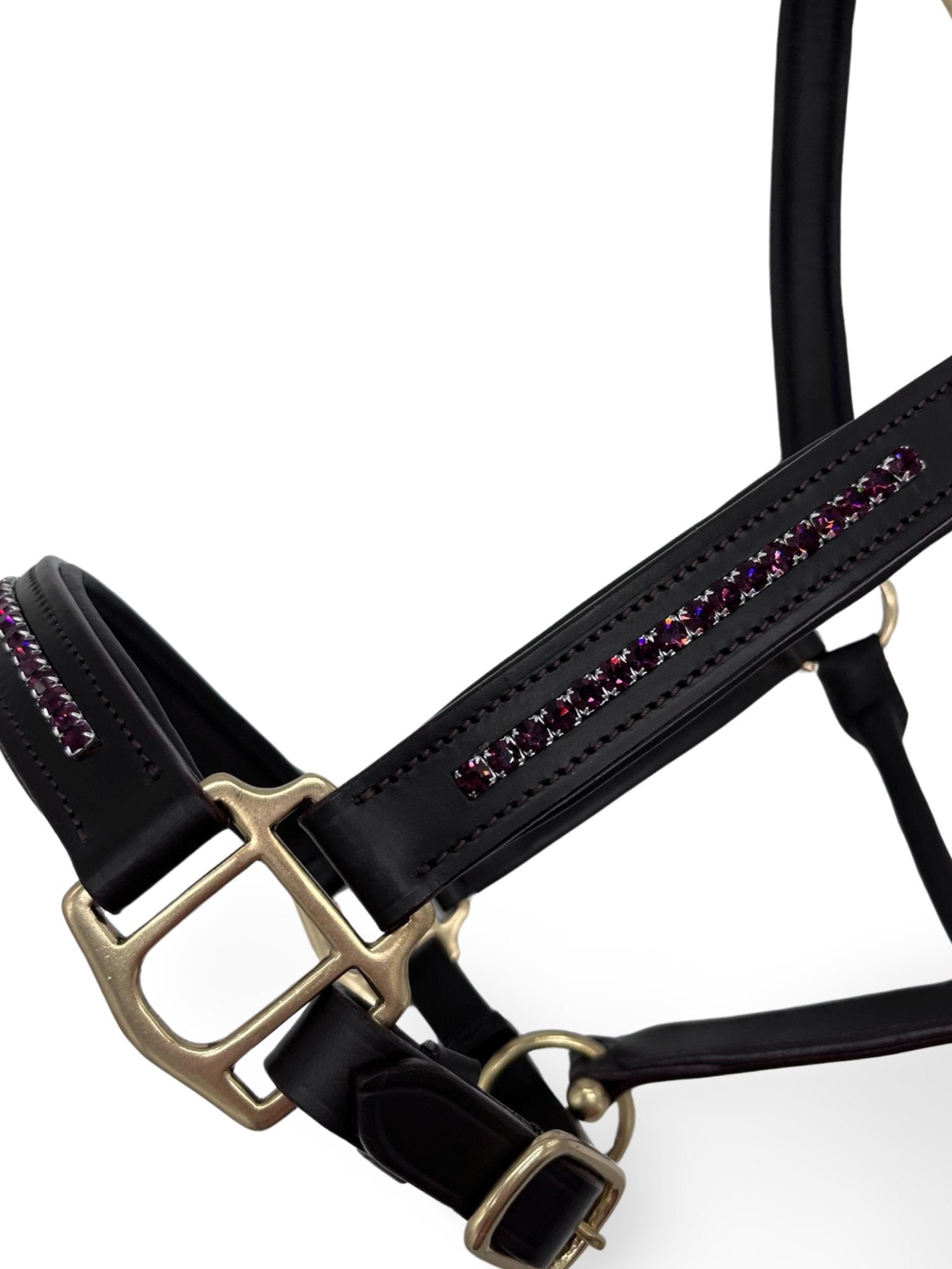 Plum Leather Headcollar, from The Urbany. Elevate your horse's style with sparkling crystals and comfort.