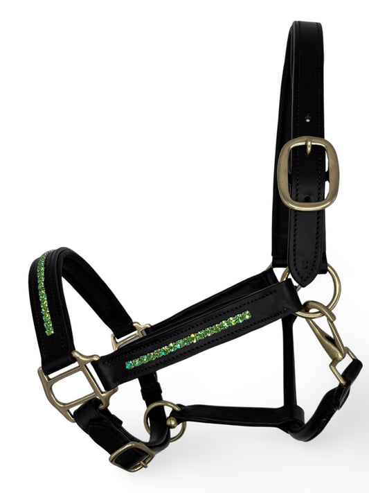 Lime Green Leather Headcollar, from The Urbany. Elevate your horse's style with sparkling crystals and comfort.