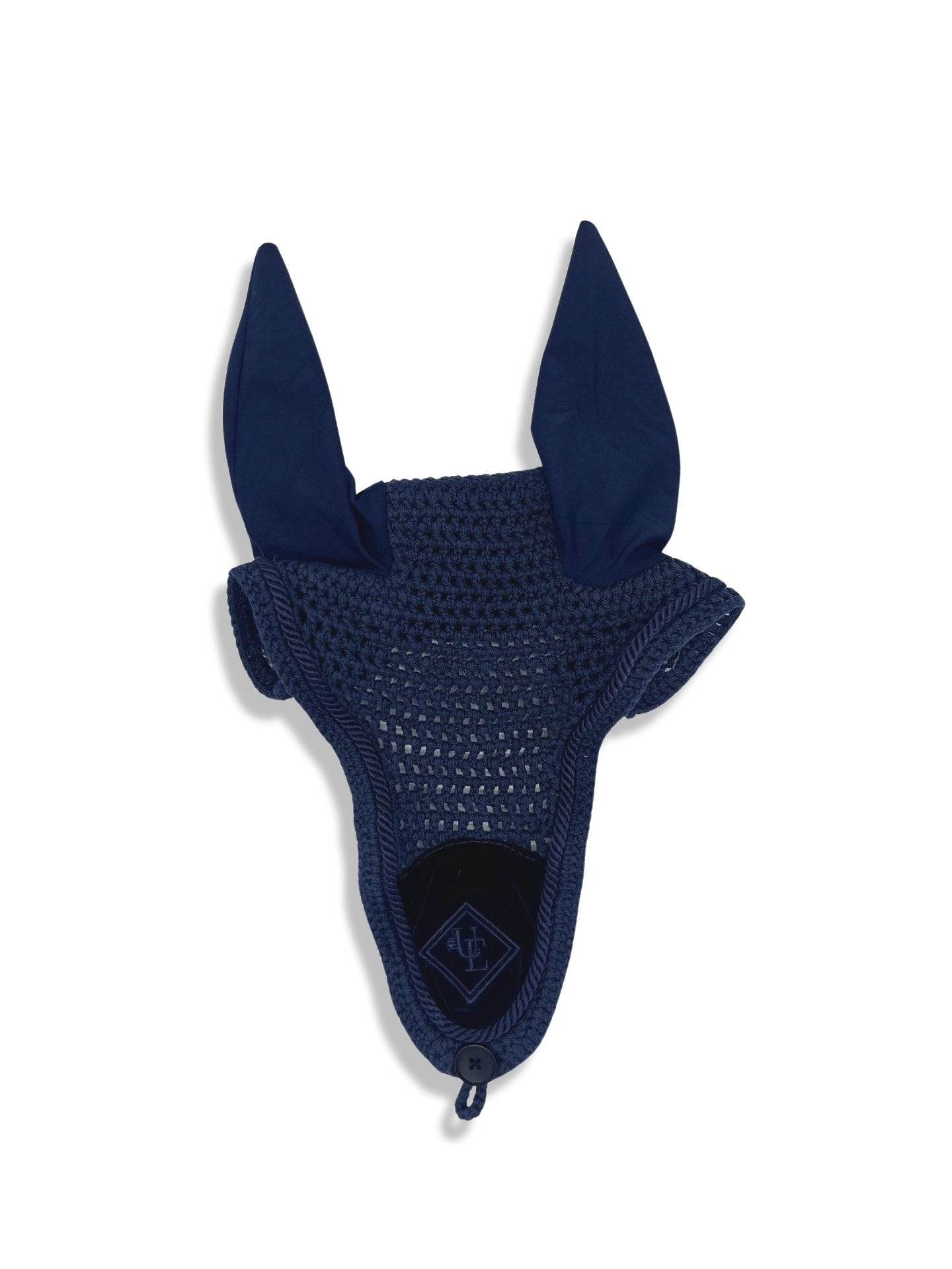 Long Navy Blue Velvet Long Fly Veil, from The Urbany. Elevate your horse's style with sparkling crystals and comfort.