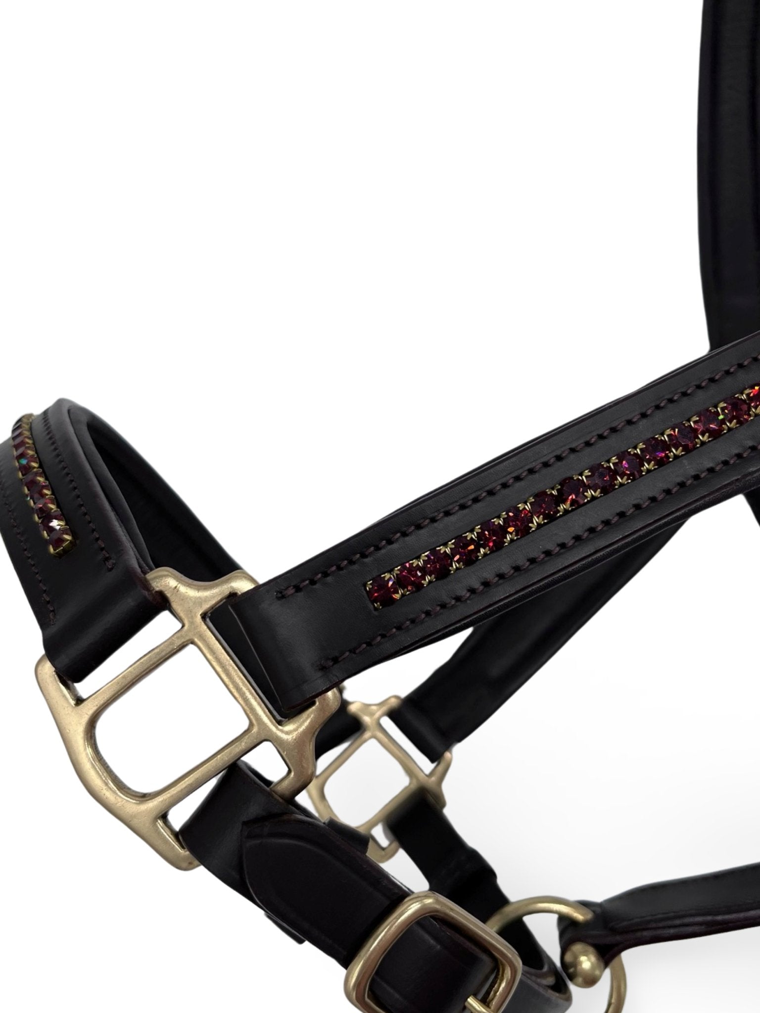 Burgundy Leather Headcollar, from The Urbany. Elevate your horse's style with sparkling crystals and comfort.