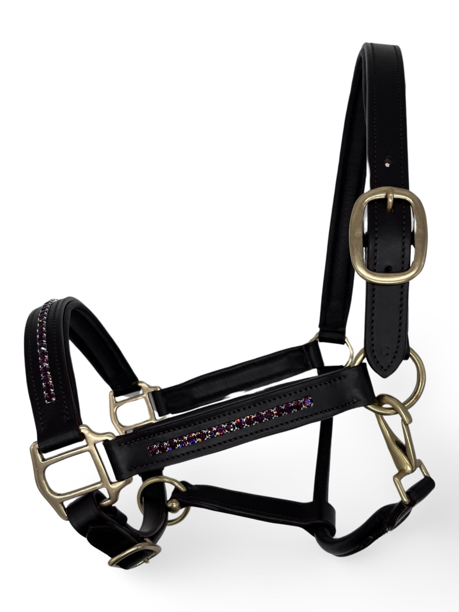 Plum Leather Headcollar, from The Urbany. Elevate your horse's style with sparkling crystals and comfort.