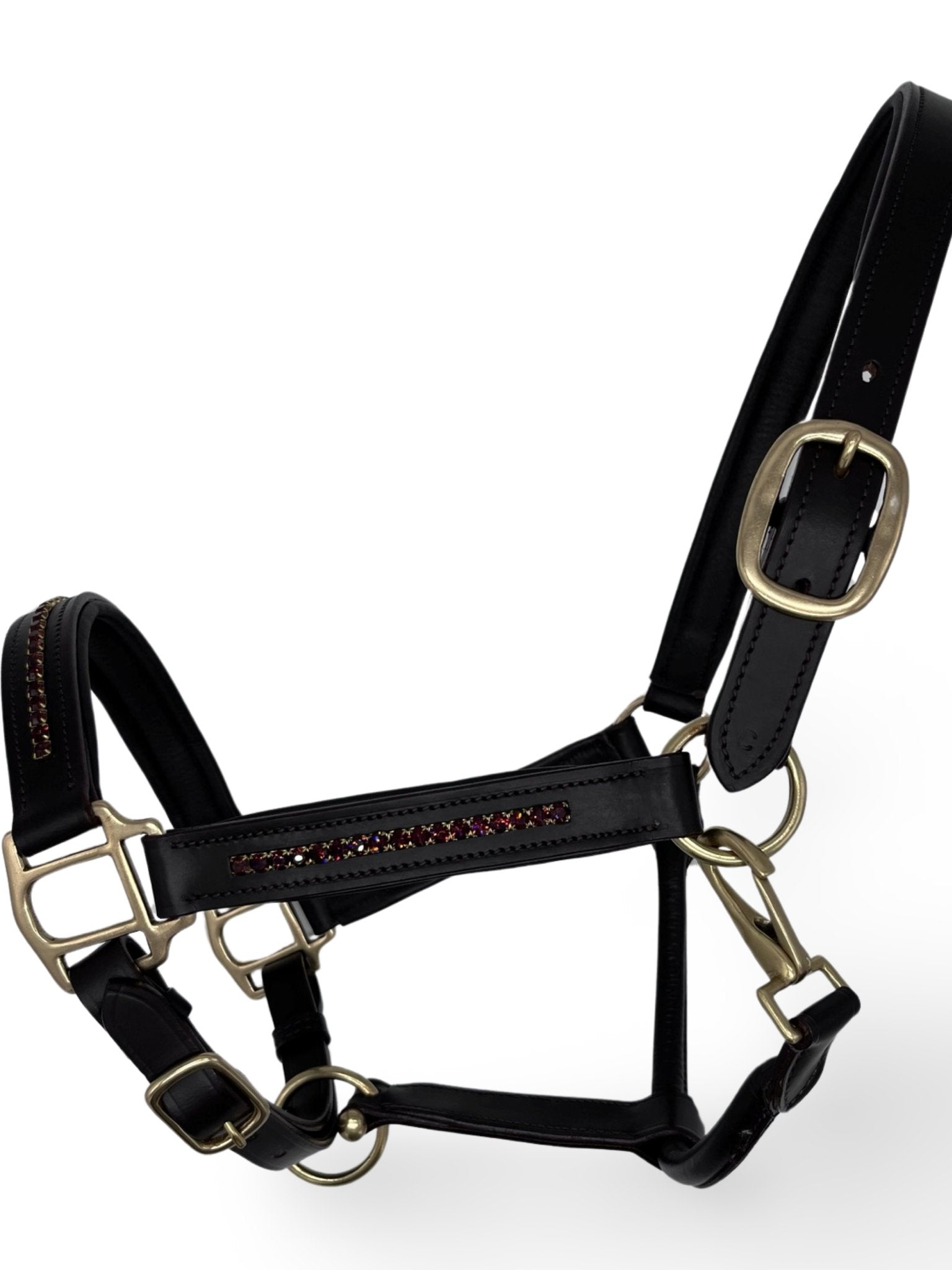 Burgundy Leather Headcollar, from The Urbany. Elevate your horse's style with sparkling crystals and comfort.