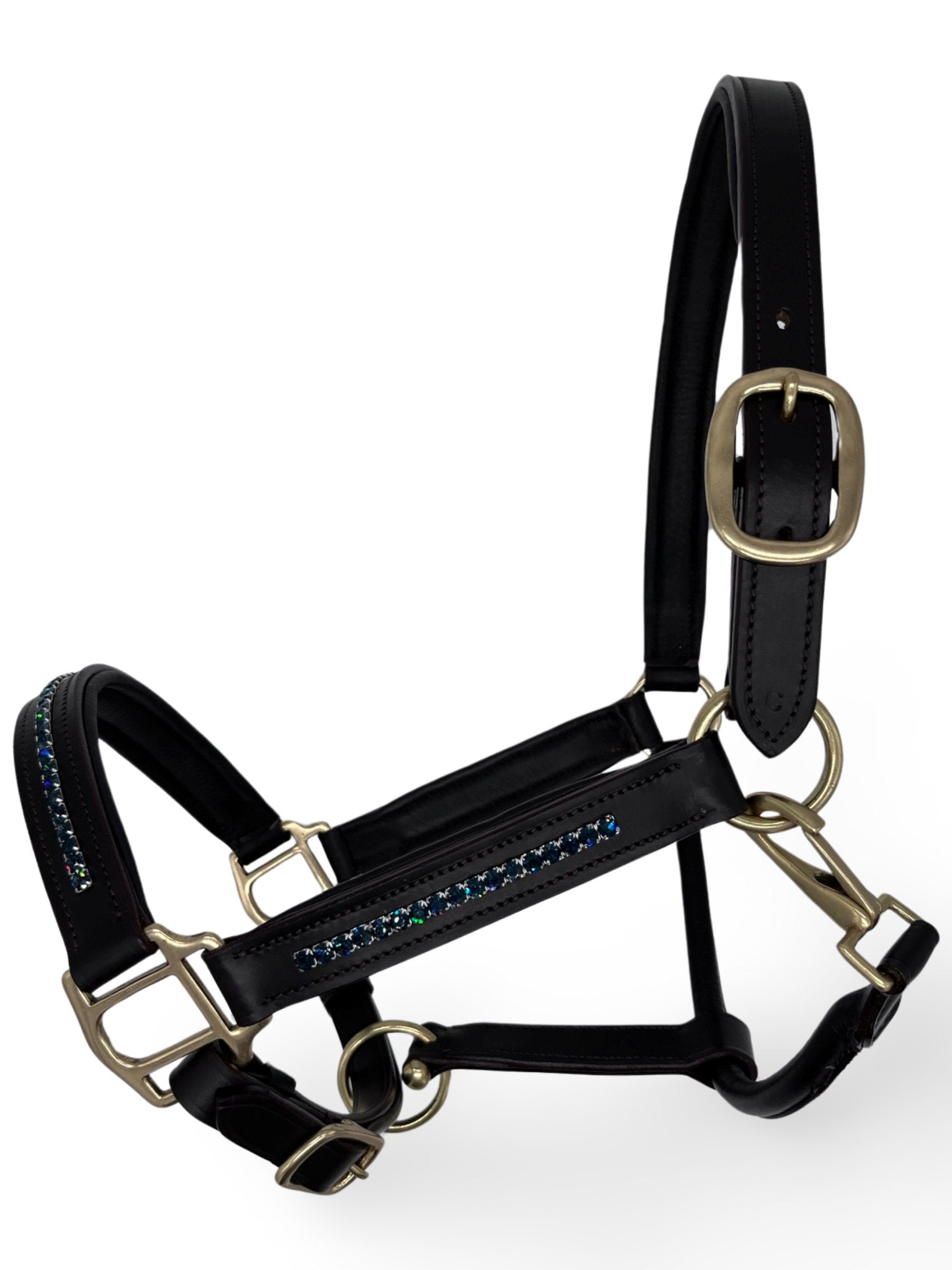 Navy Blue Leather Headcollar, from The Urbany. Elevate your horse's style with sparkling crystals and comfort.