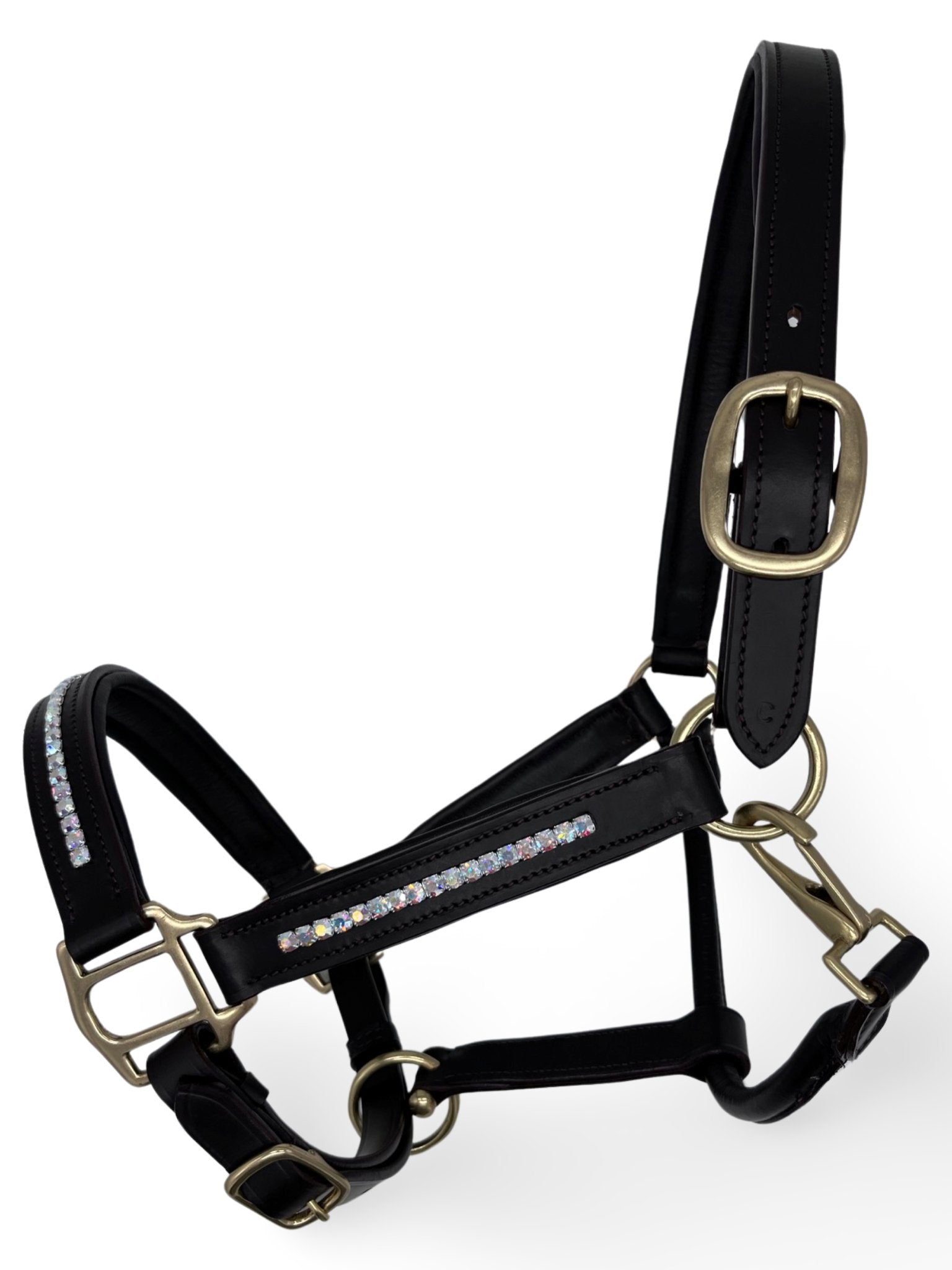 Rainbow Shine Leather Headcollar, from The Urbany. Elevate your horse's style with sparkling crystals and comfort.