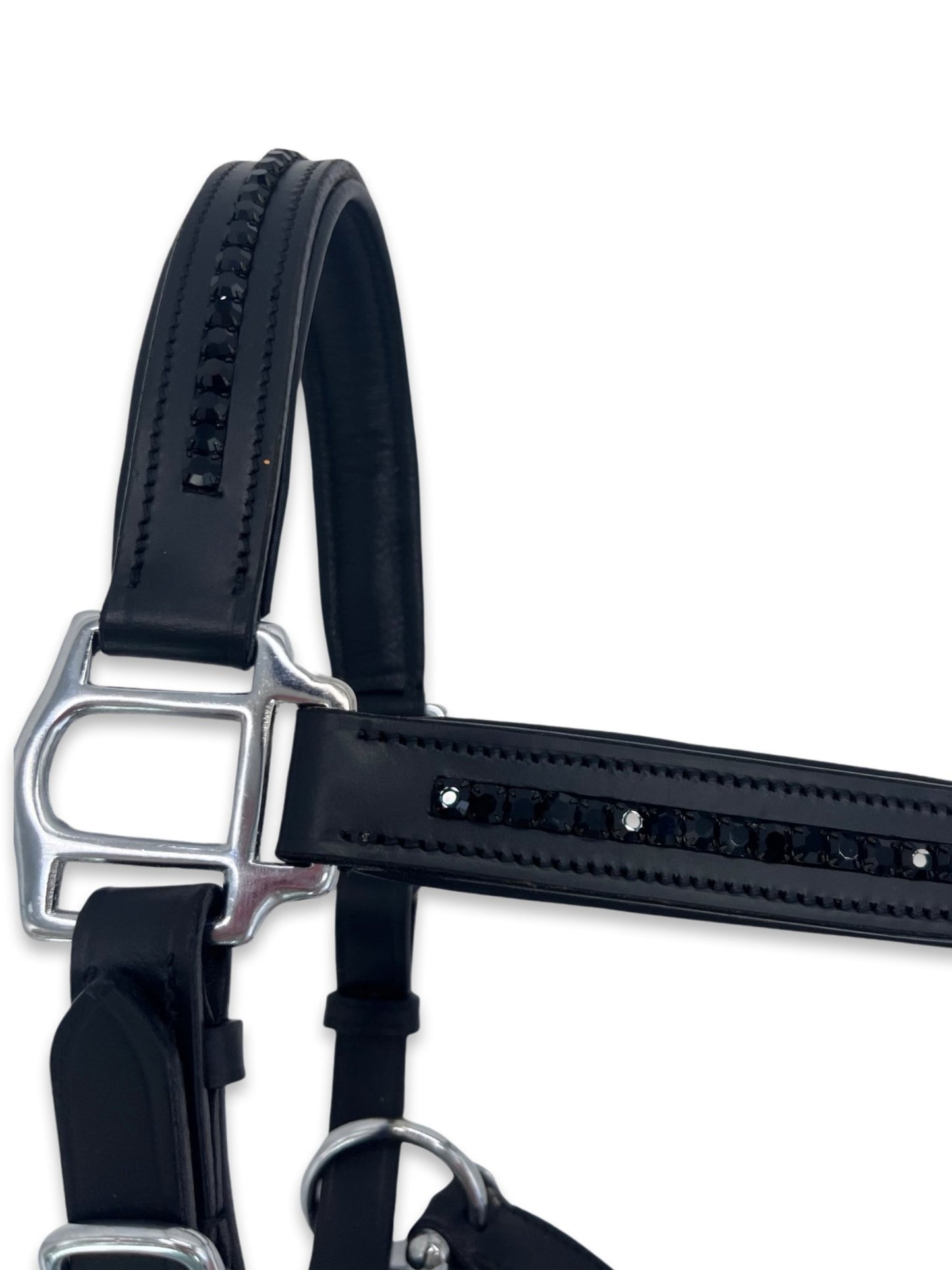 Jet Black Leather Headcollar, from The Urbany. Elevate your horse's style with sparkling crystals and comfort.