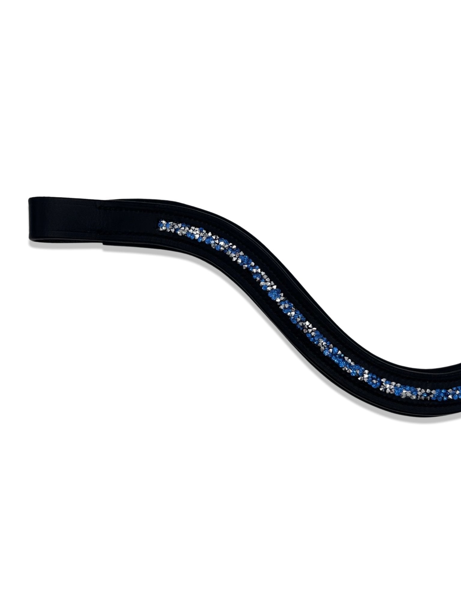 Crushed Sapphire Blue Crystal Padded Browband, from The Urbany. Elevate your horse's style with sparkling crystals and comfort.