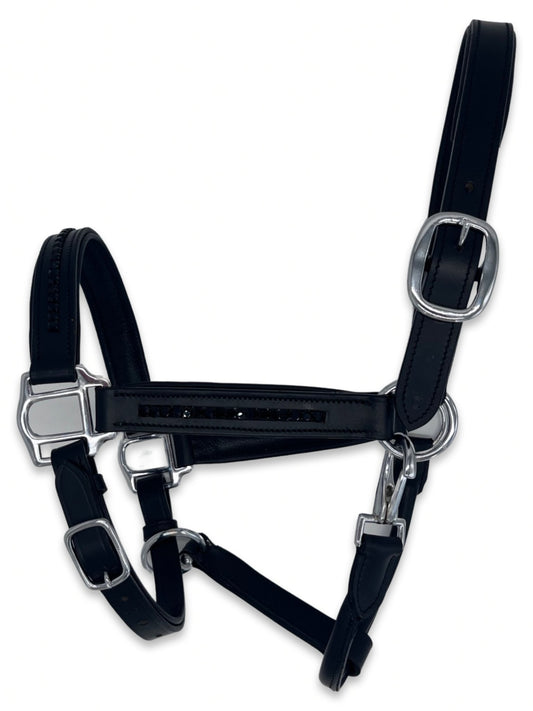 Jet Black Leather Headcollar, from The Urbany. Elevate your horse's style with sparkling crystals and comfort.