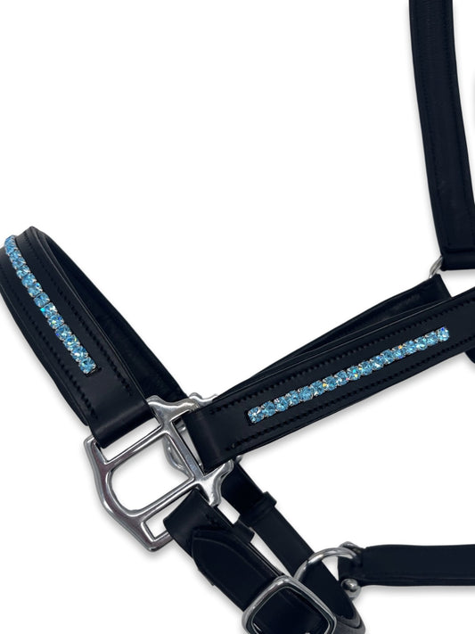 Azure Leather Headcollar, from The Urbany. Elevate your horse's style with sparkling crystals and comfort.