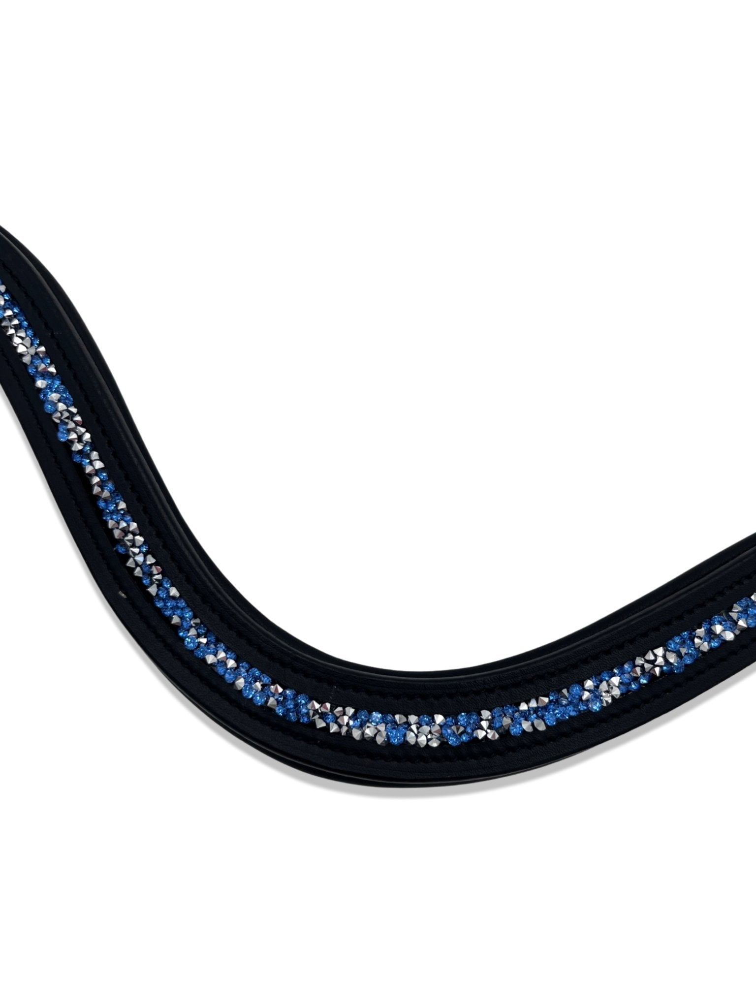 Crushed Sapphire Blue Crystal Padded Browband, from The Urbany. Elevate your horse's style with sparkling crystals and comfort.