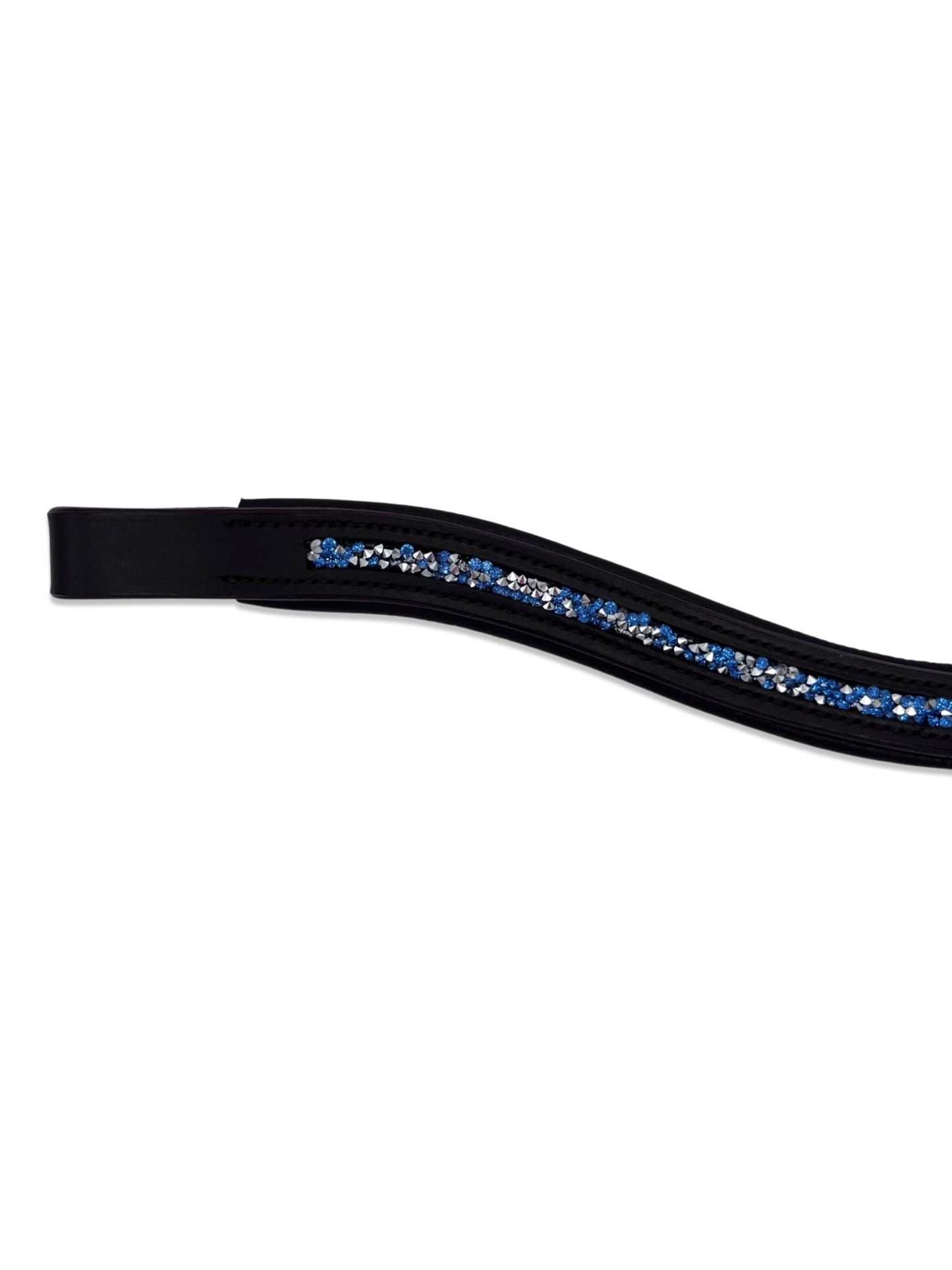 Crushed Sapphire Blue Crystal Padded Browband, from The Urbany. Elevate your horse's style with sparkling crystals and comfort.