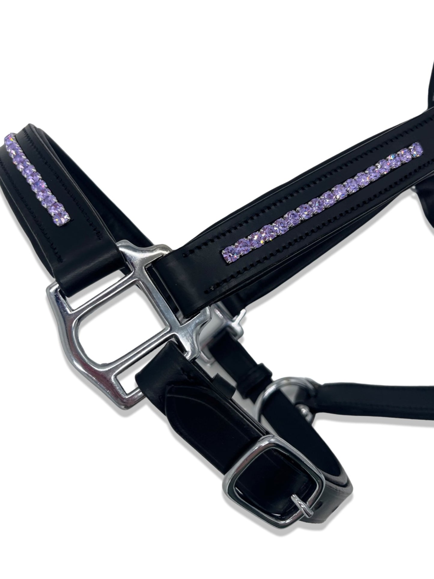 Lilac Leather Headcollar, from The Urbany. Elevate your horse's style with sparkling crystals and comfort.