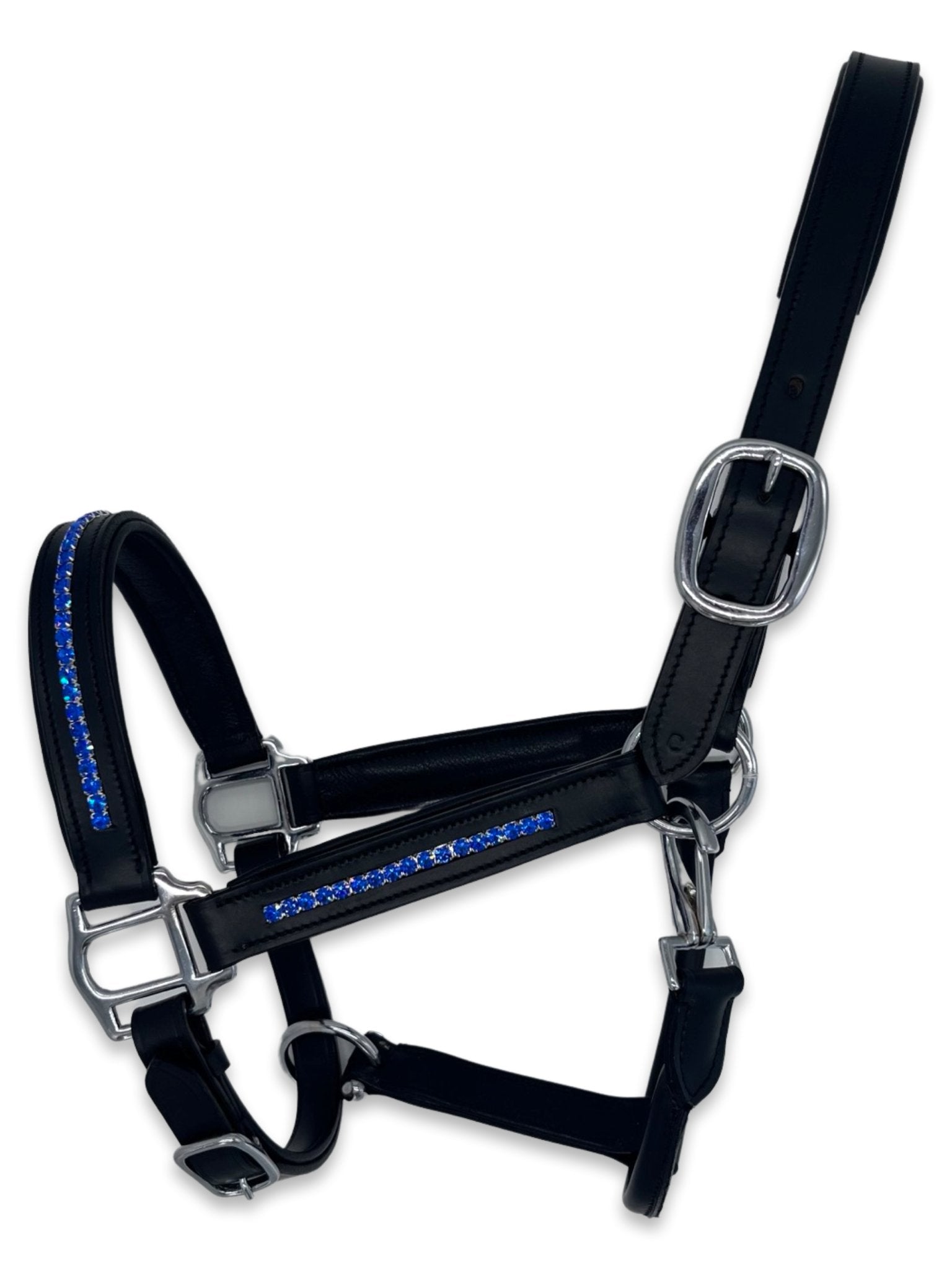 Sapphire Leather Headcollar, from The Urbany. Elevate your horse's style with sparkling crystals and comfort.