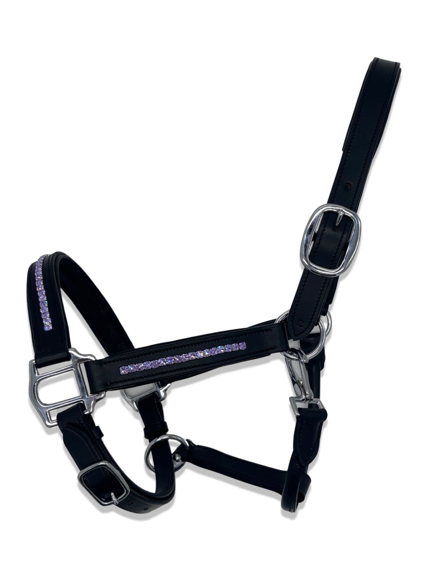 Lilac Leather Headcollar, from The Urbany. Elevate your horse's style with sparkling crystals and comfort.